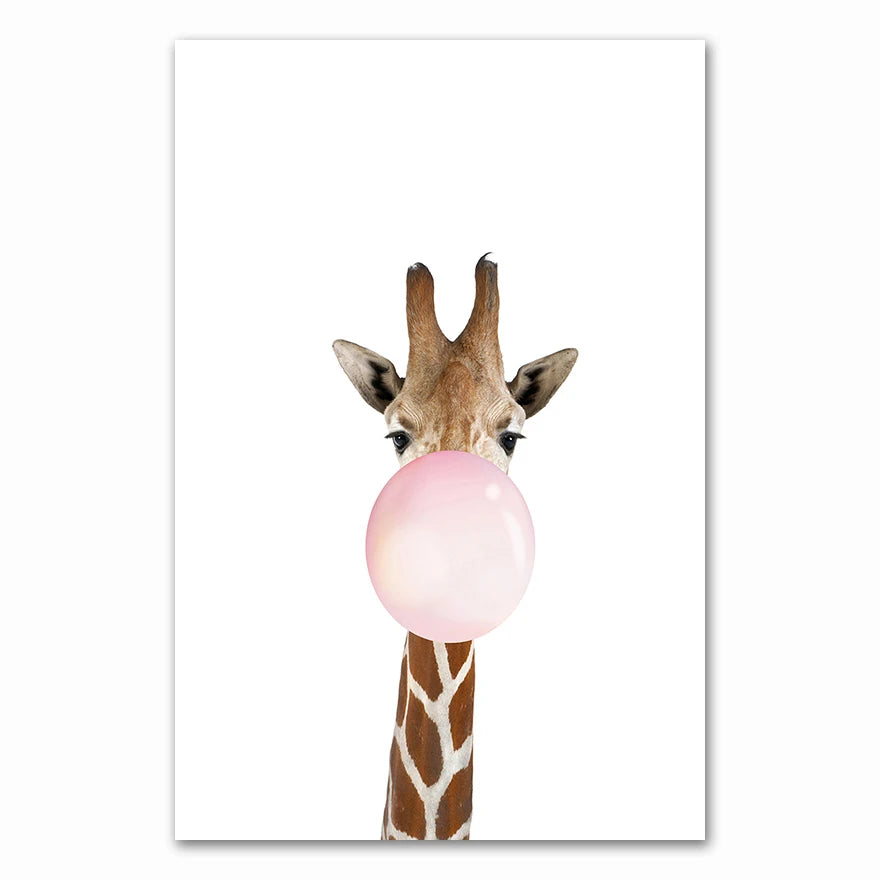 Baby Animals Pink Bubble Gum Zebra Giraffe Koala Bear Cub Cute Nursery Wall Art Fine Art Canvas Prints Posters For Baby's Room Decor