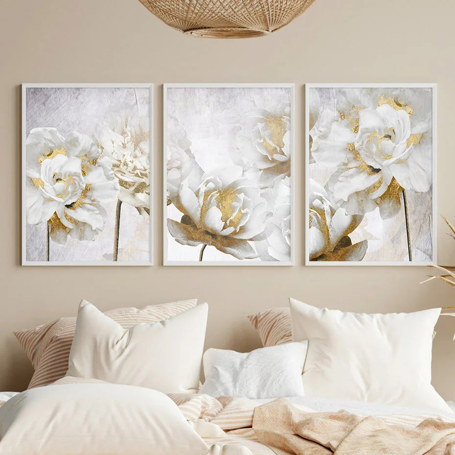 Opulent Blossoms Elegant White Flowers with Gold Accents Canvas Wall Art Fine Art Canvas Prints Posters Floral Pictures For Modern Living Room