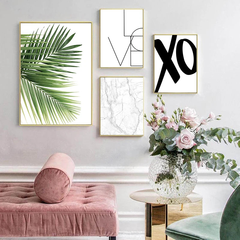 Let's Stay Home Minimalist Black White Marble Fern Leaf Wall Art Fine Art Canvas Prints Gallery Wall Pictures For Living Room Simple Home Decor