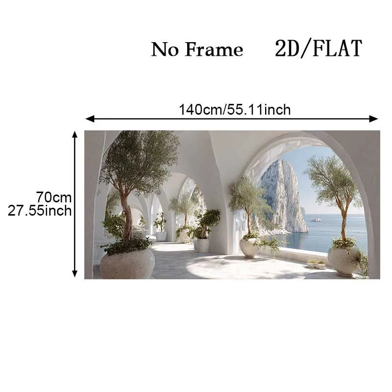 Dreamy Mediterranean Terrace Coastal Landscape Wall Art Fine Art Canvas Print for Modern Living Room & Elegant Neutral Home Décor