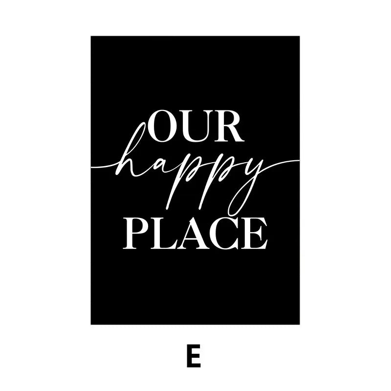 Our Happy Place Letters and Quotes Family Wall Art Fine Art Canvas Prints Simple Stylish Black White Posters Prints For Living Room Decor