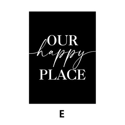 Our Happy Place Letters and Quotes Family Wall Art Fine Art Canvas Prints Simple Stylish Black White Posters Prints For Living Room Decor