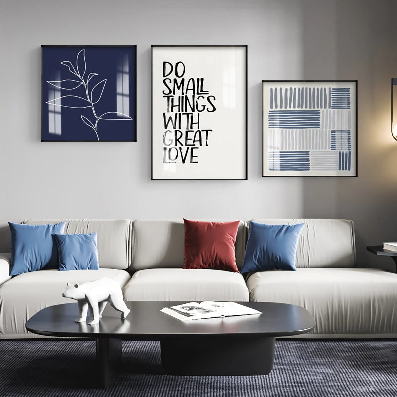 Blue Black Minimalist Geometric Line Art Wall Art Fine Art Canvas Prints Inspirational Quote Pictures For Living Room Bedroom Home Office Decor
