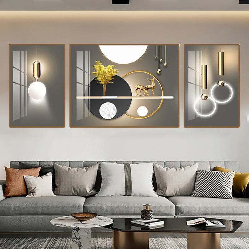 Set of 3Pcs Nordic Abstract Circle Of Light Auspicious Flowing Landscape Wall Art Fine Art Canvas Prints Pictures For Luxury Living Room Dining Room Wall Decor (Triptych, Set of 3)