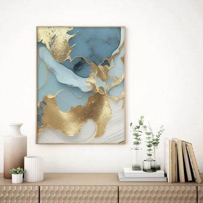 Modern Abstract Golden Blue Liquid Marble Print Wall Art Fine Art Canvas Prints Pictures For Living Room Bedroom Nordic Home Decor