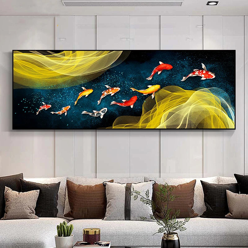 Auspicious Feng Shui Abstract Golden Fish Wall Art Fine Art Canvas Prints Wide Format Pictures For Living Room Above The Sofa Art For Above The Bed