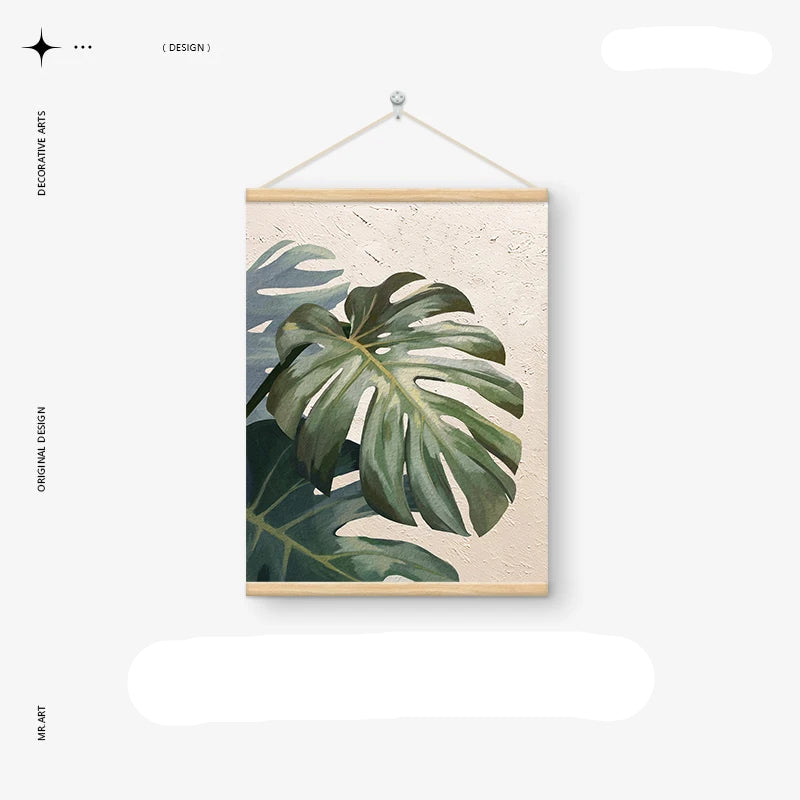 Modern Botanical Green Leaves Wall Art Fine Art Canvas Print For Living Room Dining Room Entranceway Art With Wooden Hanging Scroll Frame 2025