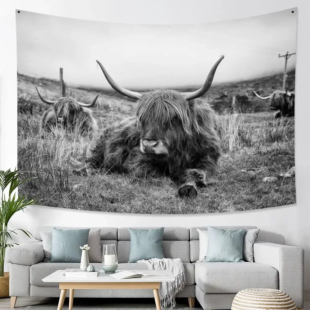 Highland Cattle Woven Tapestry Nordic Hanging Wall Decoration For Living Room Bedroom Rustic Farmhouse BnB Wall Decor 100x70cm - 150x180cm