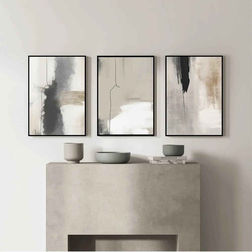 Modern Minimalist Abstract Wall Art Beige Gray Black Fine Art Canvas Prints Pictures For Living Room Bedroom Apartment Scandinavian Home Decor