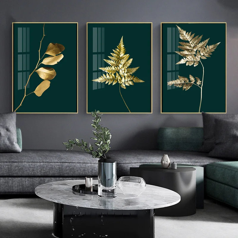 Abstract Tropical Botany Golden Leaves Wall Art Fine Art Canvas Prints Pictures For Living Room Dining Room Light Luxury Home Decor