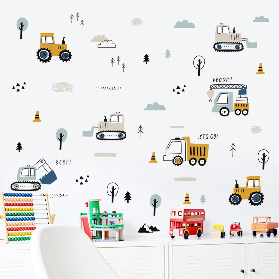 Cute Construction Tractors & Trucks Wall Stickers For Boy's Room Removable Peel & Stick Vinyl Wall Decals For Kids Bedroom Creative DIY Decor