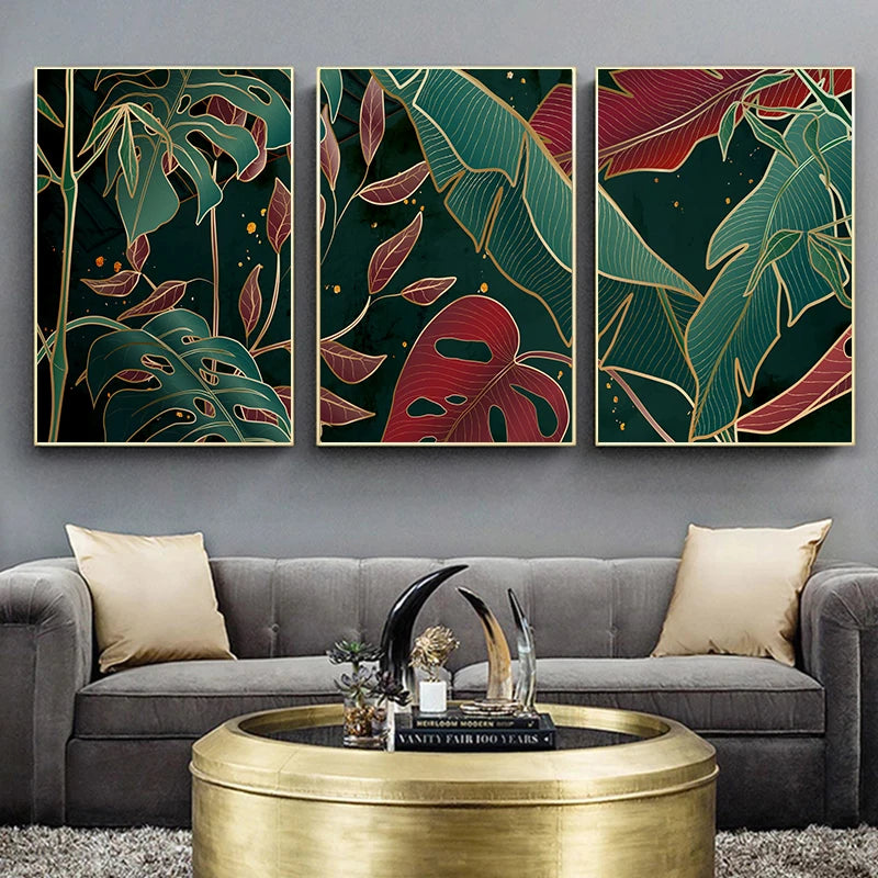 Modern Abstract Tropical Botany Wall Art Fine Art Canvas Prints Red Green Palm Leaves Posters Pictures For Living Room Hotel Room Decor