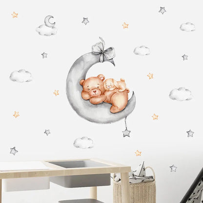 Cute Teddy Bear Moon Wall Sticker For Children's Nursery Removable Peel & Stick PVC Wall Decals For Creative DIY Children's Room Wall Decor