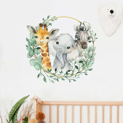 Cute African Animal Tropical Leaves Wall Stickers For Children's Nursery Removable Peel & Stick Wall Decals For Creative DIY Kid's Room Decor