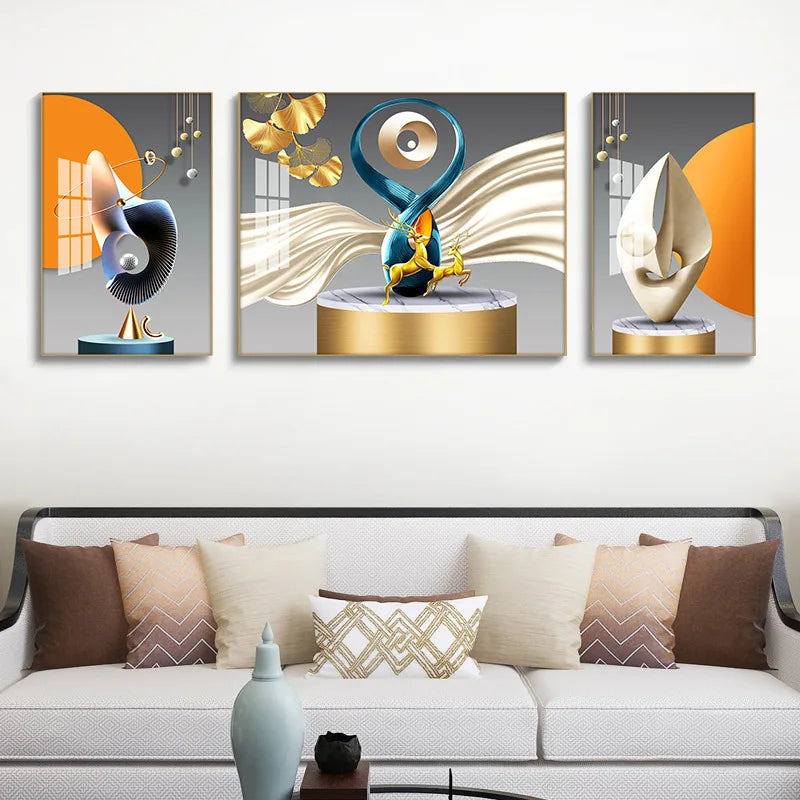 Set of 3Pcs Nordic Abstract Circle Of Light Auspicious Flowing Landscape Wall Art Fine Art Canvas Prints Pictures For Luxury Living Room Dining Room Wall Decor (Triptych, Set of 3)