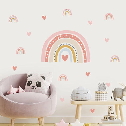 Cute Pink Rainbow Love Hearts Nursery Wall Decals Removable Self Adhesive PVC Wall Stickers Baby Girl's Room Creative DIY Home Decor