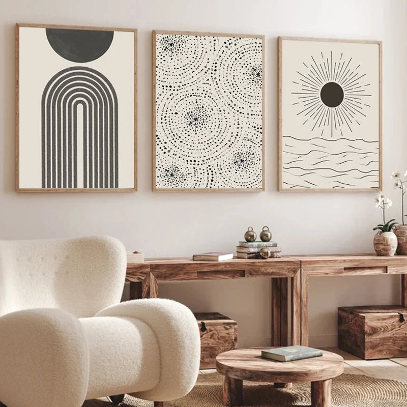 Sun Sea Circles Minimalist Line Art Black White Wall Art Fine Art Canvas Prints Pictures For Modern Living Room Bedroom Home Decor