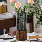 Nordic Glass Vase Cylindrical Design With Wooden Base For Kitchen Hydroponics Dining Room Table Floral Arrangements For Modern Interiors