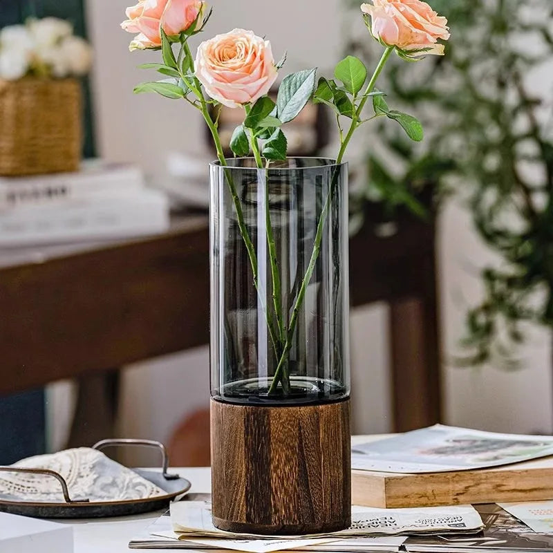 Nordic Glass Vase Cylindrical Design With Wooden Base For Kitchen Hydroponics Dining Room Table Floral Arrangements For Modern Interiors