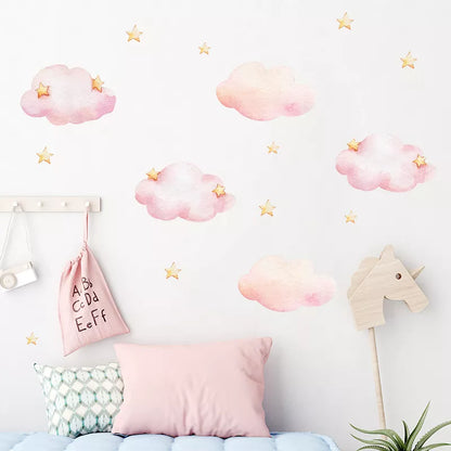 Cute Pink Star Clouds Wall Stickers For Kid's Room Decoration Removable Peel & Stick Wall Decals For Creative DIY Nursery Room Wall Decor