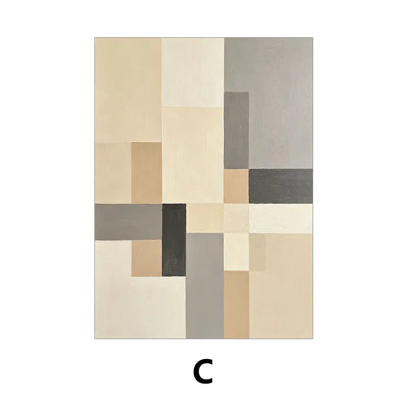 Rectangular rug with a patchwork design in beige, brown, and gray on a white background.