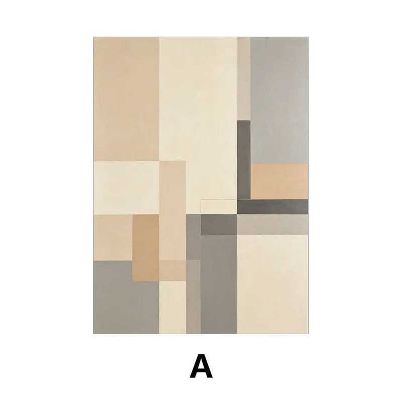 Rectangular area rug with a geometric pattern of squares in beige, brown, and gray on a white background.