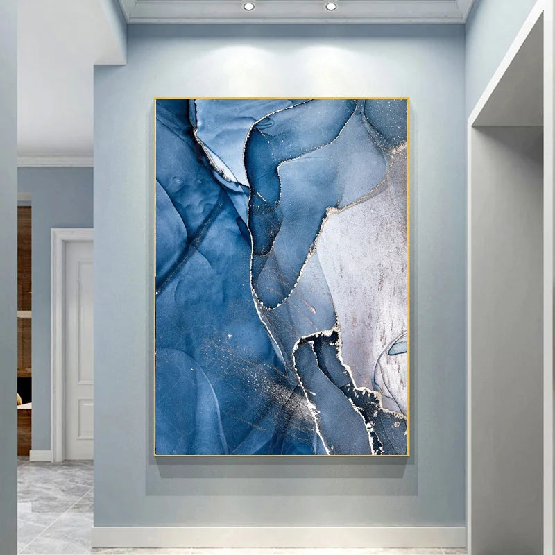 Shades Of Blue Liquid Marble Print Wall Art Fine Art Canvas Prints Chic Abstract Pictures For Living Room Entryway Foyer Art For Contemporary Interiors