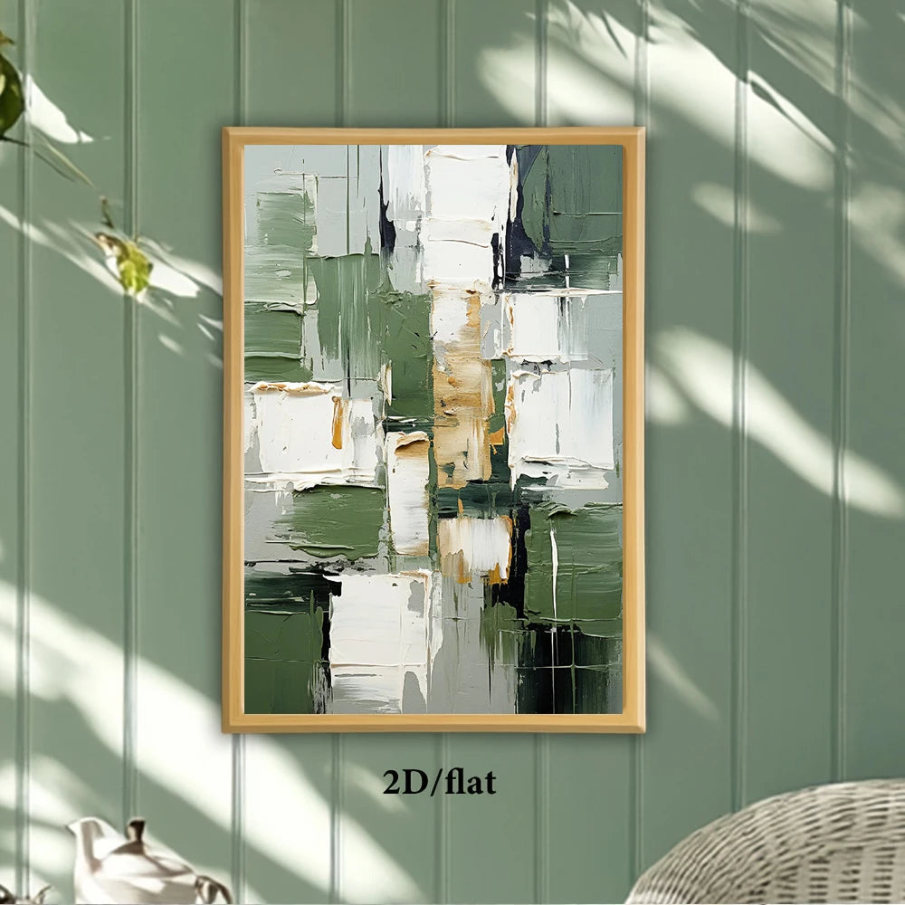Abstract art piece in a wooden frame on a green wall