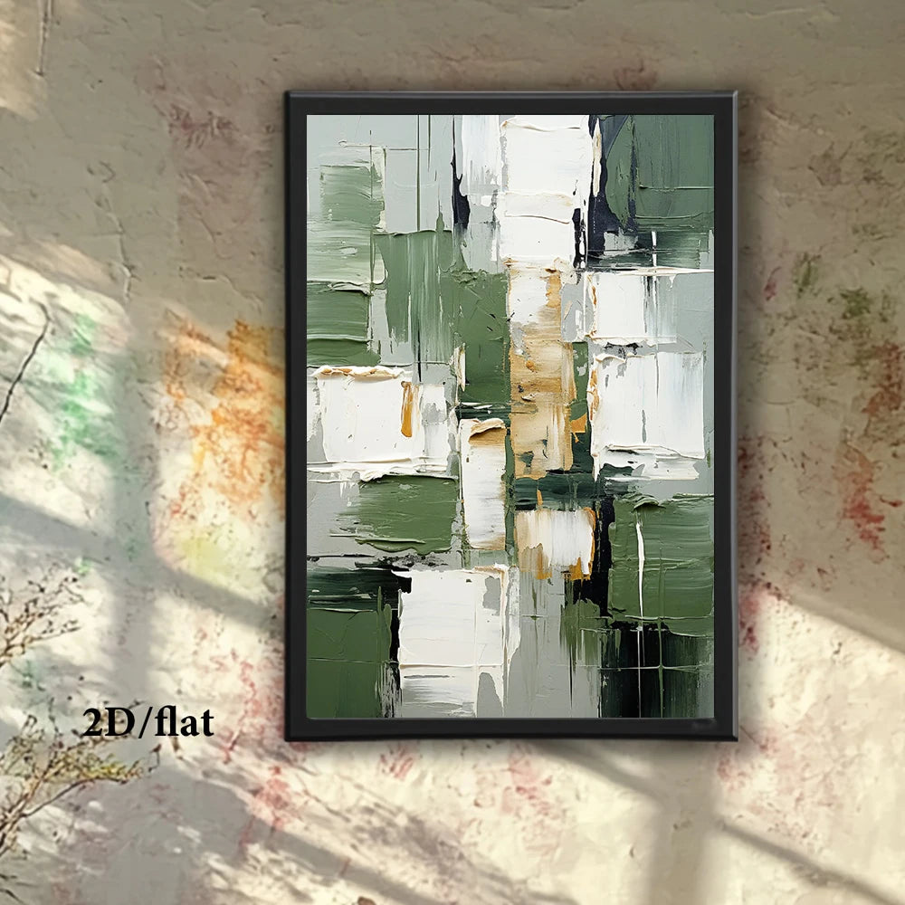 Abstract painting in a black frame on a textured wall.
