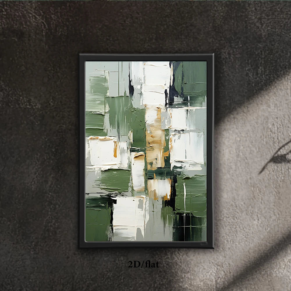 Abstract art print in a black frame on a textured wall.