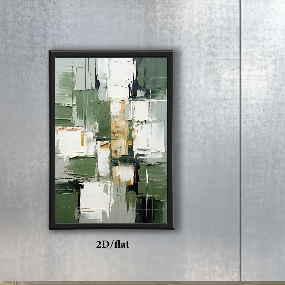 Abstract art painting in a black frame on a textured wall with '2D/flat' text below.