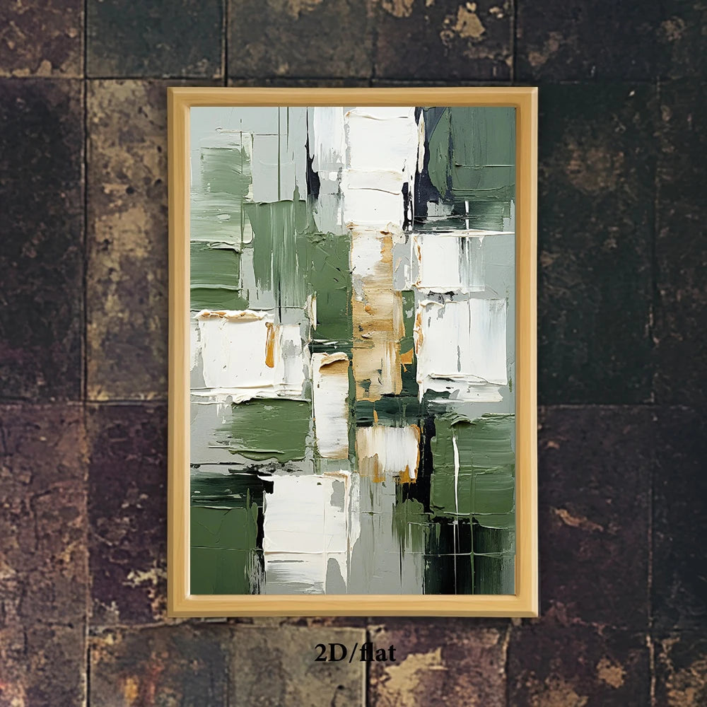 Abstract art print in a wooden frame on a textured wall.