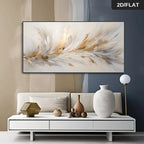 Modern living room with abstract wall art, white sofa, and decorative vases.