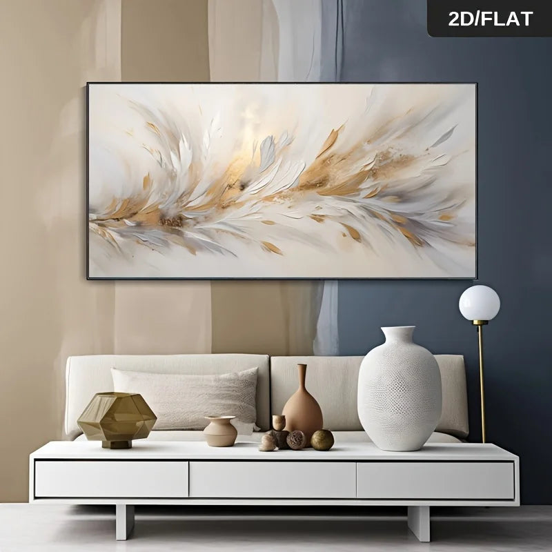 Modern living room with abstract wall art, white sofa, and decorative vases.