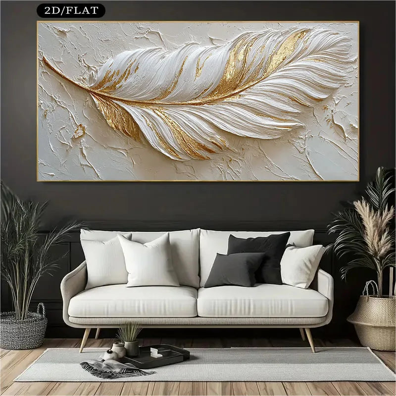 Decorative wall art of a gold feather on a textured background above a white sofa.