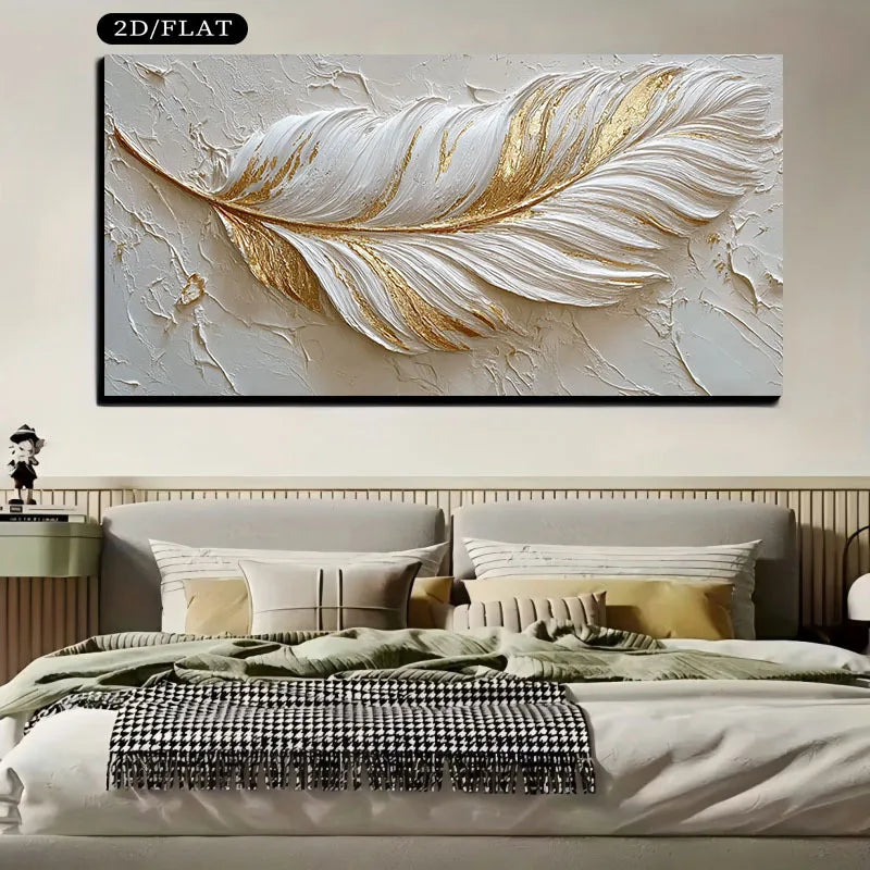 Decorative wall art of a gold feather on a textured background above a bed.