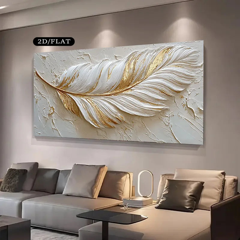 Decorative wall art of a feather with gold accents in a living room setting.