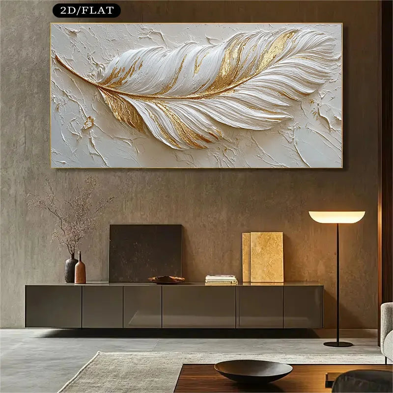 Decorative wall art of a feather with gold and white colors in a modern living room.