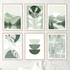 Set of six framed prints with green and white nature-themed designs on a wall.