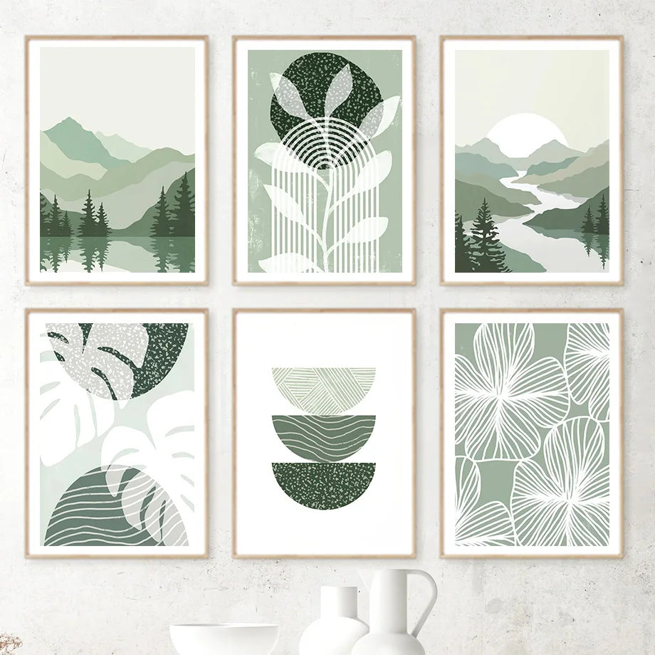 Set of six framed prints with green and white nature-themed designs on a wall.