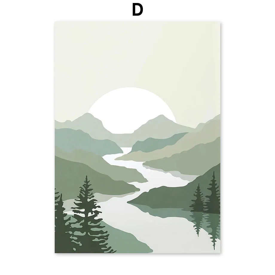 Scenic illustration of mountains and a river with trees, on a light background.