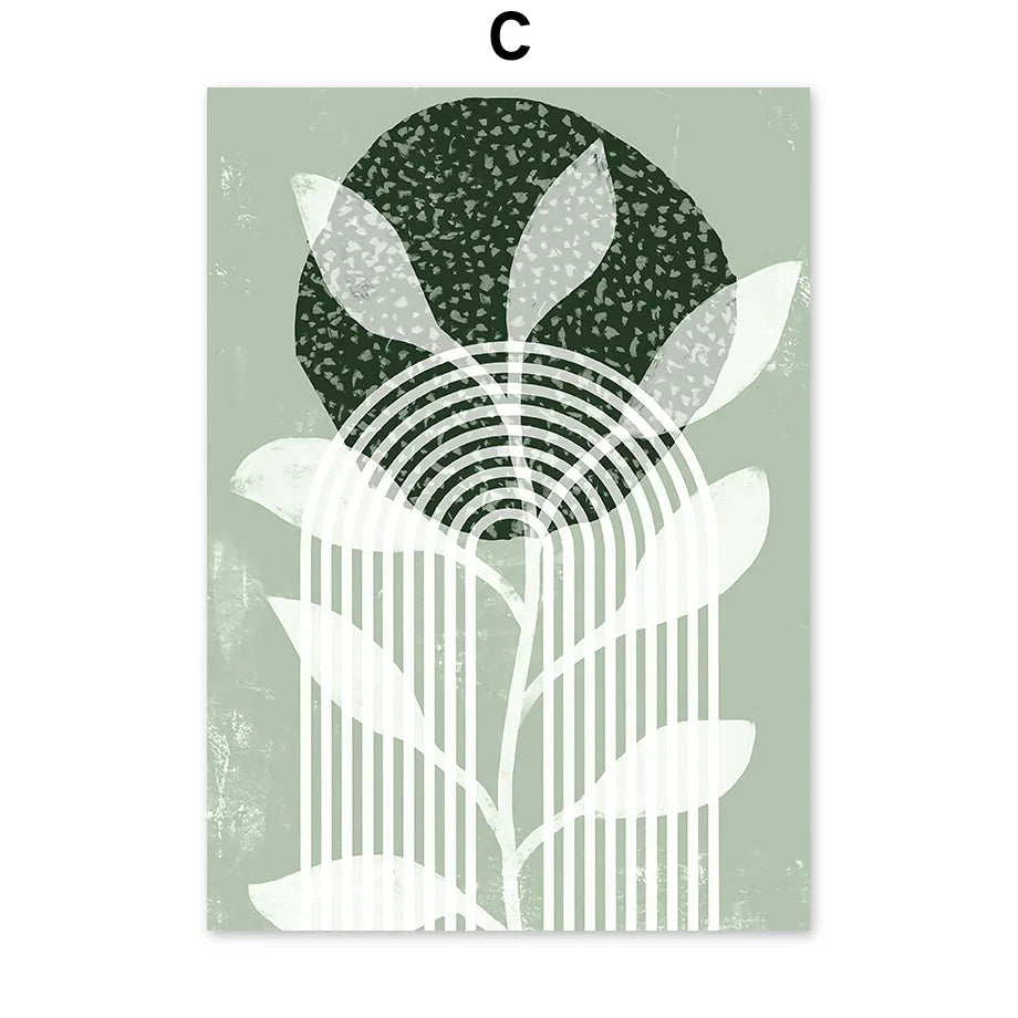 Decorative design with abstract leaves and geometric shapes on a light green background