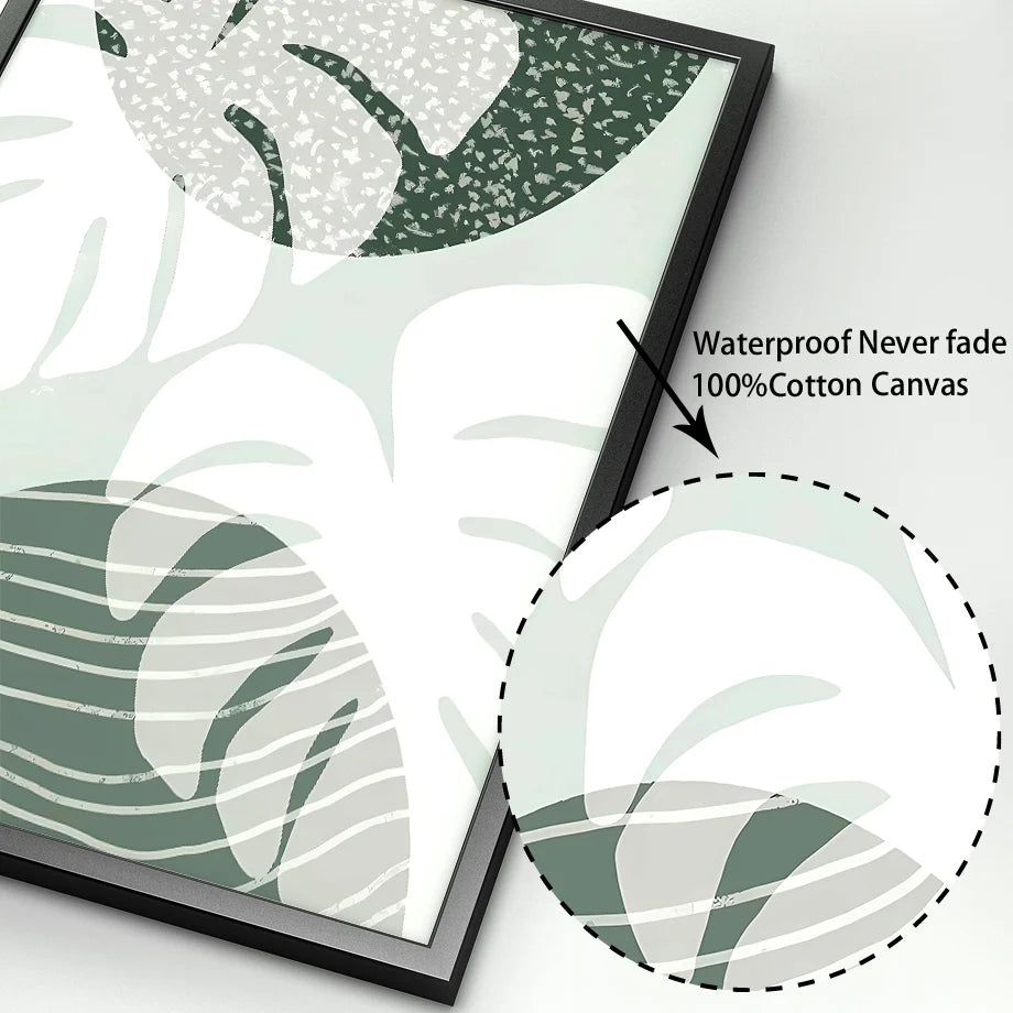 Framed botanical art with leaf pattern on a white background, highlighting waterproof and cotton canvas qualities.