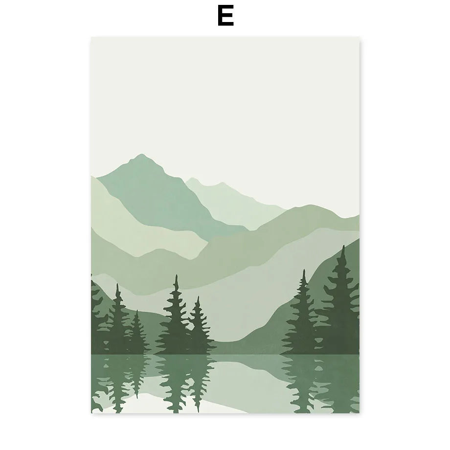 Scenic illustration of mountains and trees reflected in water on a white background