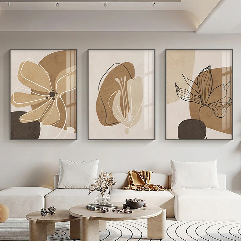 Simple Beige Brown Floral Abstract Wall Art Fine Art Canvas Prints Minimalist Pictures For Modern Apartment Living Room Bedroom Art For Contemporary Interiors