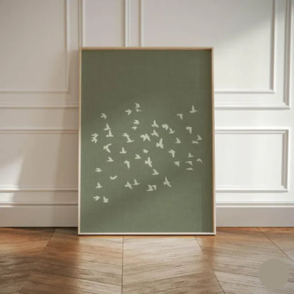 Framed artwork with white bird illustrations on a green background, displayed in a room with wooden flooring and white paneled walls.