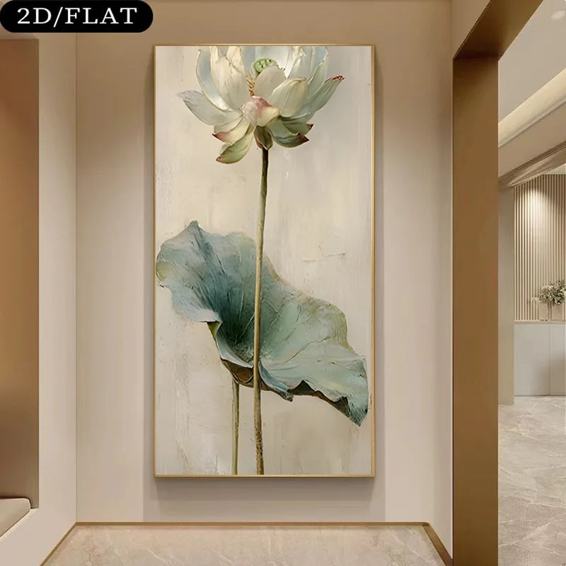 Framed artwork of a lotus flower on a wall in a modern interior setting.