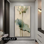 Framed artwork of a lotus flower on a wall in a modern interior setting.