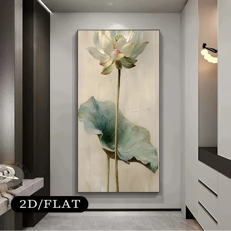 Framed artwork of a lotus flower on a wall in a modern interior setting.