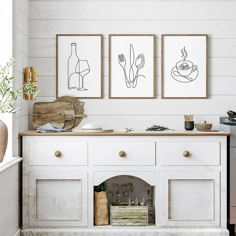 Simple Kitchen Line Art Wall Art Fine Art Canvas Prints Minimalist Pictures For Dining Room Café Coffee Ship Diner Art Decor